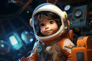 3d renderen van een weinig meisje in een astronaut pak en helm ai gegenereerd foto