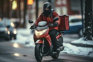 levering Mens Aan een motor met dozen in de stad Bij nacht ai gegenereerd foto