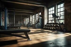 modern Sportschool interieur met geschiktheid uitrusting en zonlicht. 3d renderen ai gegenereerd foto