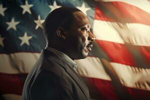 portret van een Afro-Amerikaans Mens Aan de achtergrond van de Amerikaans vlag. ai gegenereerd foto