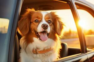 schattig hond in de auto Bij zonsondergang. huisdier reizen concept. ai gegenereerd foto