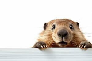 schattig bever gluren van achter een bord geïsoleerd Aan wit achtergrond ai gegenereerd foto