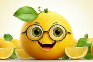 grappig citroen karakter met oranje plakjes Aan wit achtergrond. vector illustratie. ai gegenereerd foto