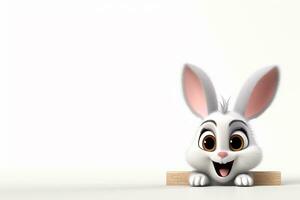 3d renderen van een wit konijn met een houten teken Aan een wit achtergrond ai gegenereerd foto