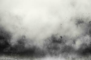 abstract zwart poeder explosie Aan wit achtergrond. ontwerp elementen. abstract zwart poeder wolk textuur. ai gegenereerd foto