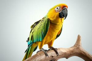 mooi geel en groen papegaai geïsoleerd Aan wit achtergrond met kopiëren ruimte ai gegenereerd foto
