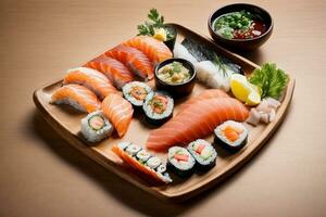 fijnproever vers zeevruchten bord met sushi sashimi en wasabi door generatief ai foto