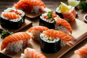 watertanden zeevruchten genot met sushi, sashimi en wasabi door generatief ai foto