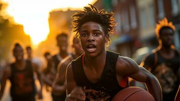 jong mensen spelen basketbal Aan de straat. generatief ai foto