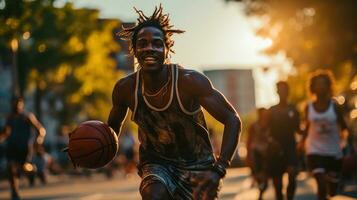 jong mensen spelen basketbal Aan de straat. generatief ai foto