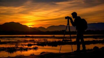 fotograaf nemen een zonsondergang visie. generatief ai foto