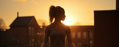 groep van Dames beoefenen yoga in een zonsondergang visie Aan de dak of terras van een gebouw. generatief ai foto