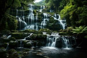 adembenemend schot van een trapsgewijs waterval, gedetailleerd structuur van water en rotsen.. generatief ai foto