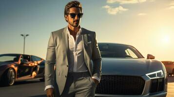 zakenman poseren in voorkant van zijn luxe auto. generatief ai foto