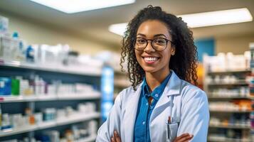 apotheker Afrikaanse Amerikaans vrouw in voorkant van apotheek planken. generatief ai foto