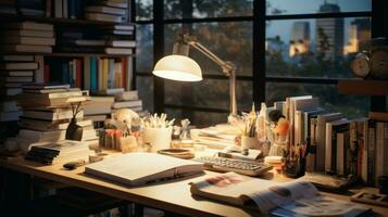 een werk kamer met een bureau en veel van boeken. generatief ai foto