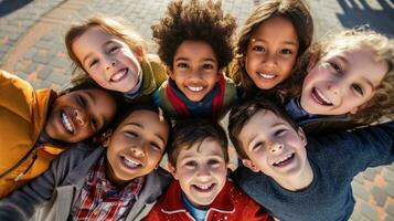 top foto van lachend kinderen genomen met een vissenoog camera. generatief ai