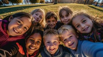 top foto van lachend kinderen genomen met een vissenoog camera. generatief ai