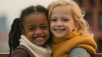 een Afrikaanse Amerikaans en een Kaukasisch meisje knuffelen en lachend. generatief ai foto