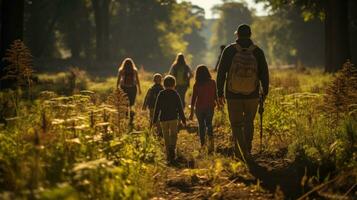 een groep van gezinnen wandelen in de bossen. generatief ai foto