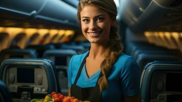 stewardess vrouw portie voedsel Aan een vlak. generatief ai foto