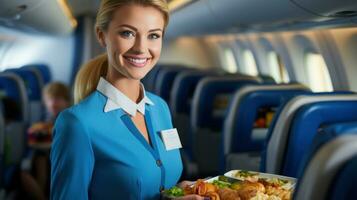 stewardess vrouw portie voedsel Aan een vlak. generatief ai foto