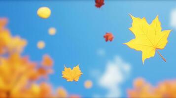 gouden herfst tafereel met een zonnig dagen palet, vallend bladeren tegen een blauwe lucht achtergrond. generatief ai foto