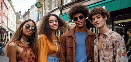 groep van jong vrienden Aan de straat. generatief ai foto