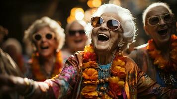 gepensioneerd oud mensen feesten Aan vakantie. generatief ai foto
