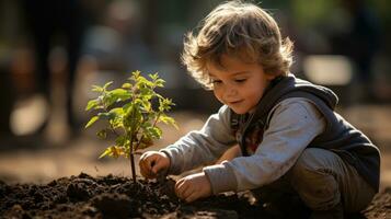 weinig jongen aanplant een klein boom in een tuin.. generatief ai foto