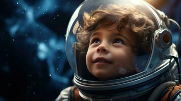 weinig jongen gekleed net zo een astronaut verkennen de sterren.. generatief ai foto
