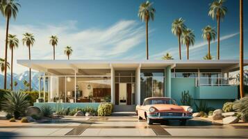 een uitgestrekt Californië bungalow. een wijnoogst auto geparkeerd uit voorkant.. generatief ai foto