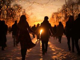 drukte van mensen wandelen Aan de sneeuw Aan nieuw jaar dag. generatief ai foto