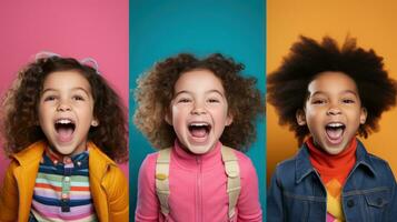 gelukkig kinderen poseren in voorkant van kleurrijk achtergrond. generatief ai foto