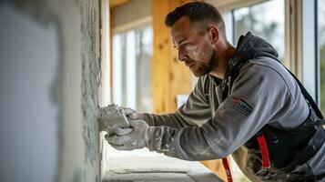 meester bouwer bepleistering een muur. generatief ai foto