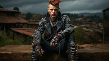 punk- rocker met een leer jasje en bezaaid laarzen.. generatief ai foto