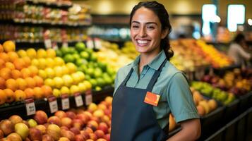 een vrouw in de fruit en groente afdeling. generatief ai foto