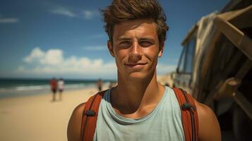 knap en gespierd surfer Aan de strand. generatief ai foto