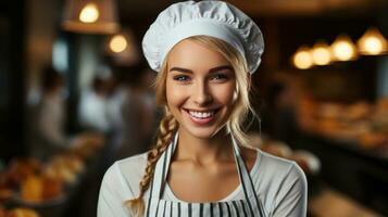 tiener- meisje in een chef-kok hoed en schort.. generatief ai foto