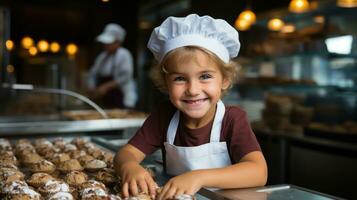 jong jongen vervelend een chef-kok hoed en bakken koekjes.. generatief ai foto