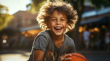 weinig jongen spelen basketbal. generatief ai foto