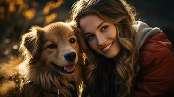 vrouw poseren gelukkig met haar hond in de park Aan herfst dag. generatief ai foto