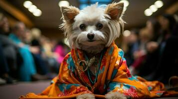 een hond gekleed in een kleding van een huisdier wedstrijd. generatief ai foto