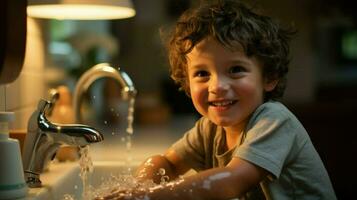 weinig jongen het wassen zijn handen in de kraan. generatief ai foto