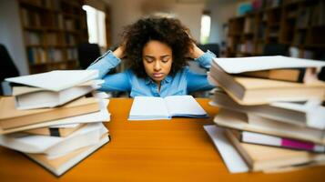 een jong vrouw op zoek benadrukt met meerdere boeken Open in voorkant van haar.. generatief ai foto