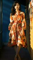 Aziatisch vrouw vervelend een strappy jurk met een helder en kleurrijk afdrukken.. generatief ai foto