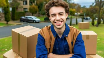 lading Mens poseren in voorkant van lading dozen. generatief ai foto