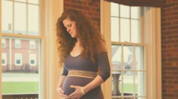 zwanger vrouw in gewoontjes slijtage staand door een venster. generatief ai foto