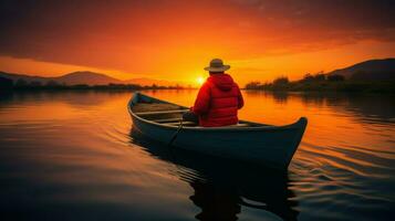 persoon in een boot peddelen gedurende zonsondergang Aan een kalmte meer.. generatief ai foto