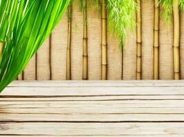 houten tafel Aan bamboe fabriek achtergrond ai gegenereerd foto